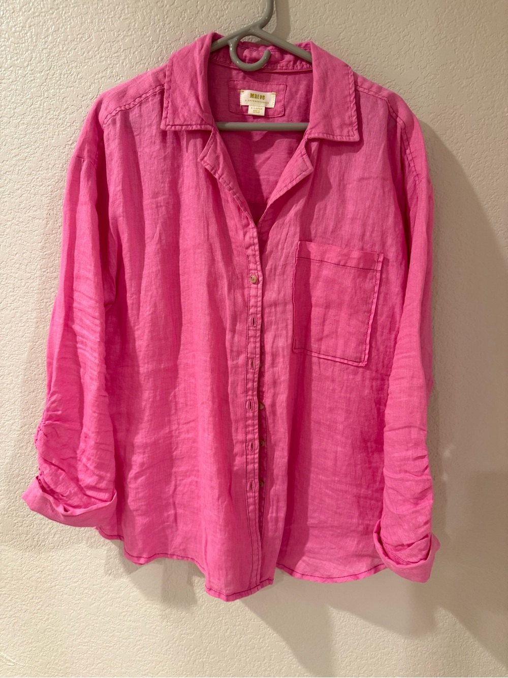 Anthropologie Maeve Bright Pink Linen-Blend Button-Down Shirt